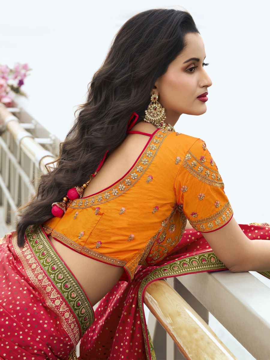 Orange and Red Embroidered Wedding Banarasoi Silk Lehenga Choli - Blouse Back Design