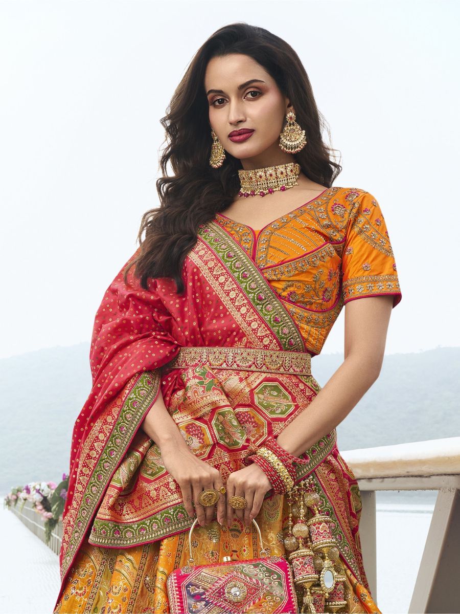 Orange and Red Embroidered Wedding Banarasoi Silk Lehenga Choli - Dupatta
