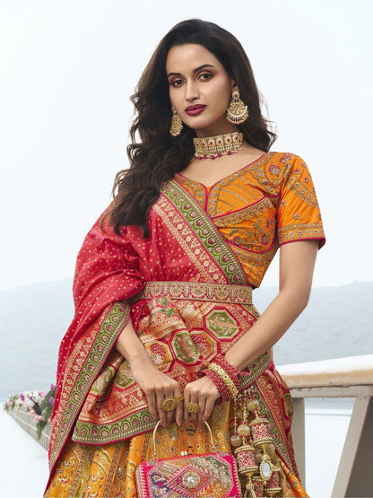 Orange and Red Embroidered Wedding Banarasoi Silk Lehenga Choli - Dupatta
