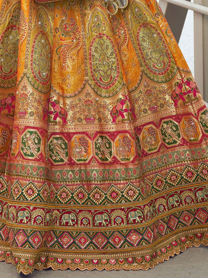 Orange and Red Wedding Banarasoi Silk Lehenga Choli - Embroidered Work