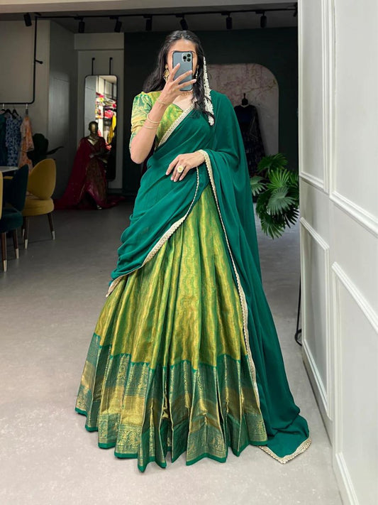 Buy Parrot Green Kanjivaram Silk Traditional Lehenga Saree Online - AllThingsAboutWedding