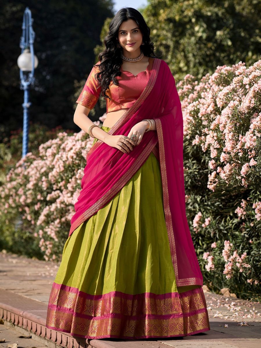 Buy Parrot Green and Pink Zari Woven Kanchipuram Half Silk Lehenga Online - AllThingsAboutWedding