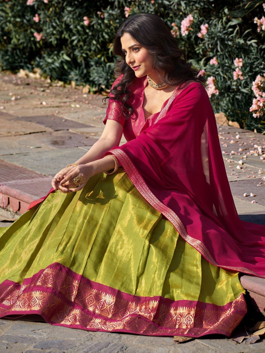 Parrot Green and Pink Zari Woven Kanchipuram Half Silk Lehenga - Flair