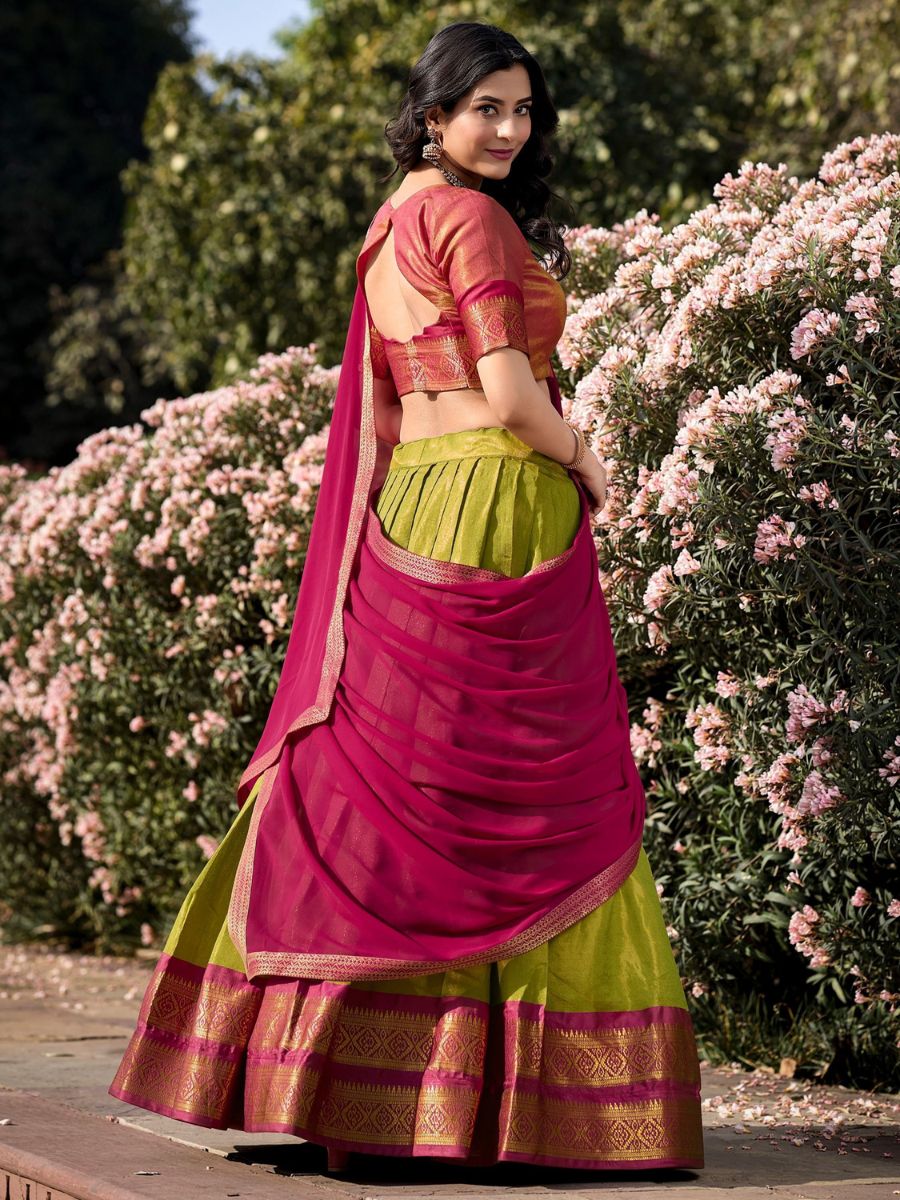 Parrot Green and Pink Zari Woven Kanchipuram Half Silk Lehenga - Back Side