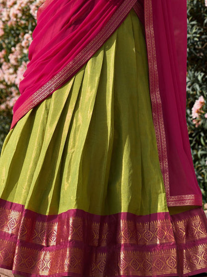 Parrot Green and Pink Kanchipuram Half Silk Lehenga - Zari Woven Belt