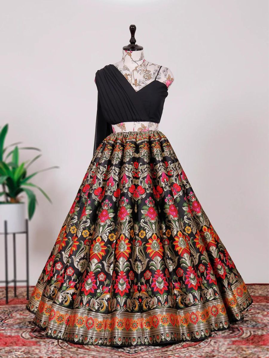 Buy Party Wear Black Banarasi Silk Lehenga with Crop Top Online - AllThingsAboutWedding