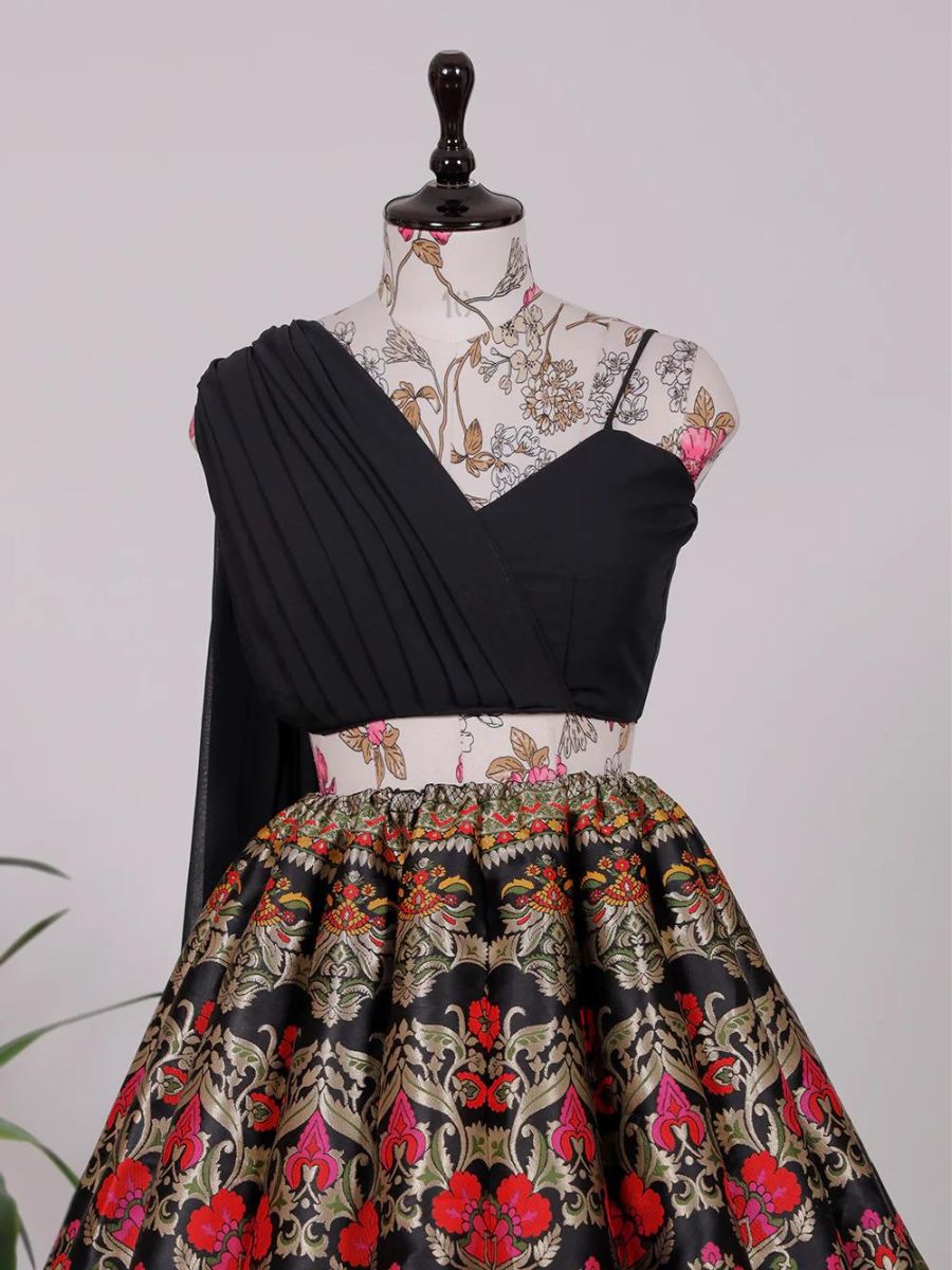 Party Wear Black Banarasi Silk Lehenga - Crop Top