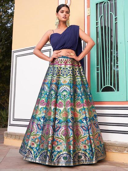 Buy Party Wear Navy Blue Banarasi Silk Crop Top Lehenga Online - AllThingsAboutWedding