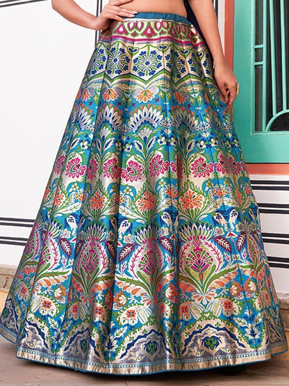 Party Wear Navy Blue Silk Crop Top Lehenga - Banarasi Print