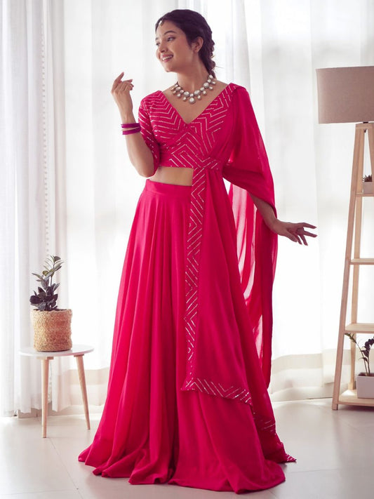 Buy Party Wear Rani Pink Sequins Blouse Georgette Lehenga Online - AllThingsAboutWedding