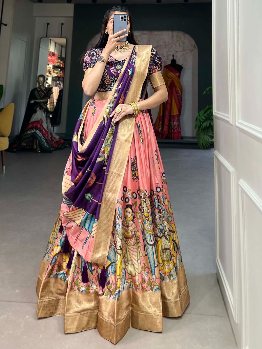 Buy Peach and Purple Kalamkari Printed Dola Silk Lehenga Choli Online - allThingsAboutWedding