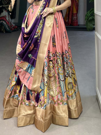 Peach and Purple Dola Silk Lehenga Choli - Kalamkari Print