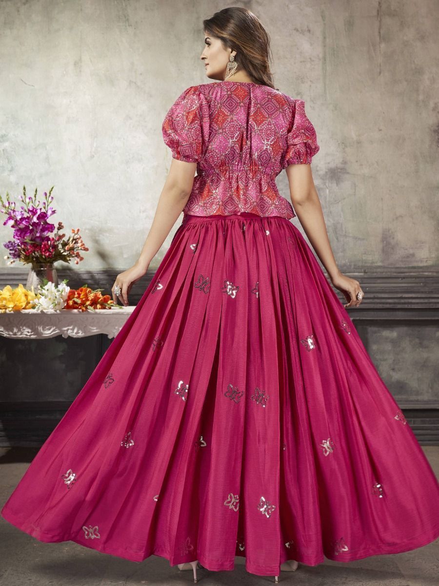 Pink Color Sequins Work Ready To Wear Silk Crop Top Lehenga - Back Side