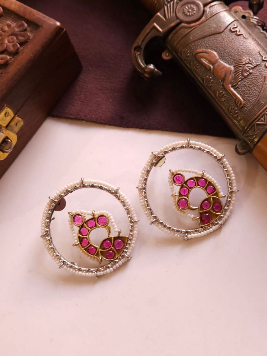 Buy Pink Stones and Pearls Round Stud Oxidised Earrings - TheJewelbox