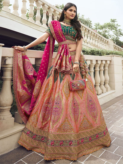 Buy Pink and Green Embroidered Bridal Banarasi Silk Lehenga Choli Online - AllThingsAboutWedding