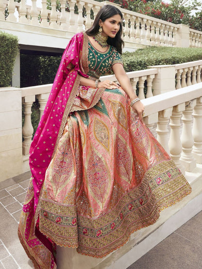 Pink and Green Embroidered Bridal Banarasi Silk Lehenga - Flair