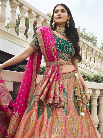 Green Embroidered Bridal Banarasi Silk Lehenga Choli - Dark Pink Dupatta