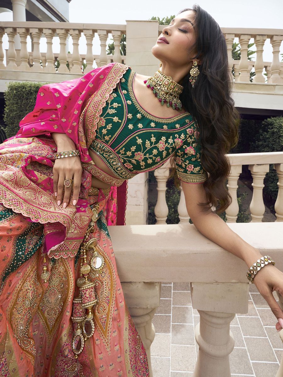 Pink Embroidered Bridal Banarasi Silk Lehenga Choli - Green Blouse 