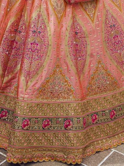 Pink and Green Bridal Banarasi Silk Lehenga Choli - Embroidered Pattern