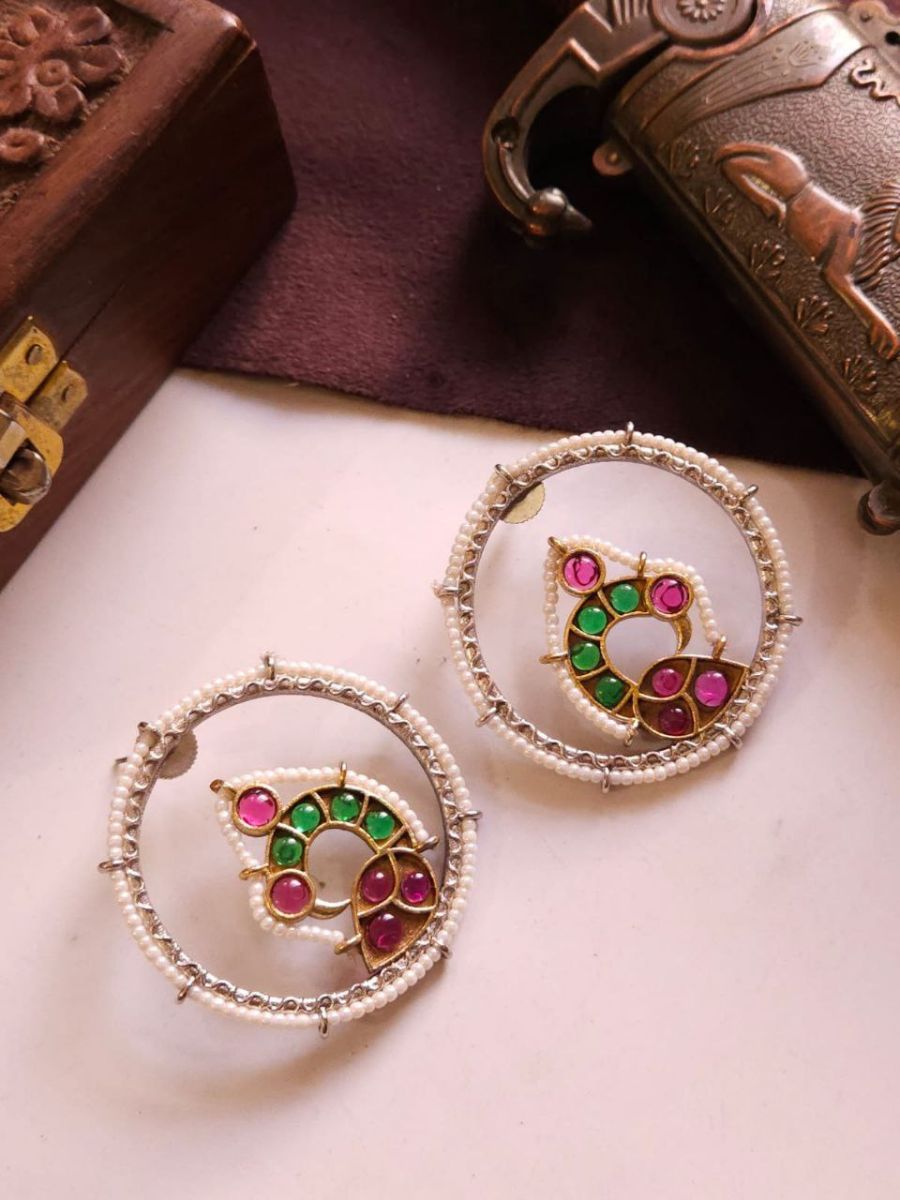 Buy Pink and Green Stones Peacock Oxidised Round Stud Earrings - TheJewelbox