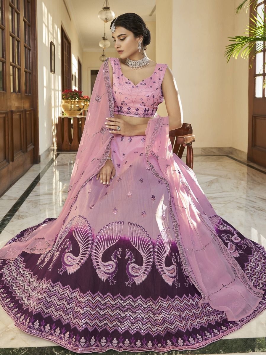 Pink and Purple Sequins Work Art Silk Lehenga Choli - Flair