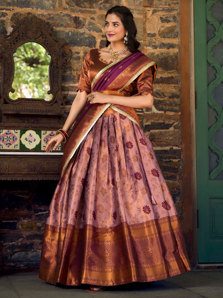 Buy Pink and Purple Zari Weaving Jacquard Half Lehenga Saree Online - AllThingsAboutWedding