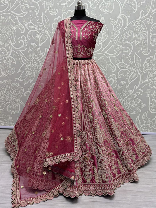 Buy Pink and Wine Embroidered Bridal Velvet Lehenga Choli Online - AllThingsAboutWedding