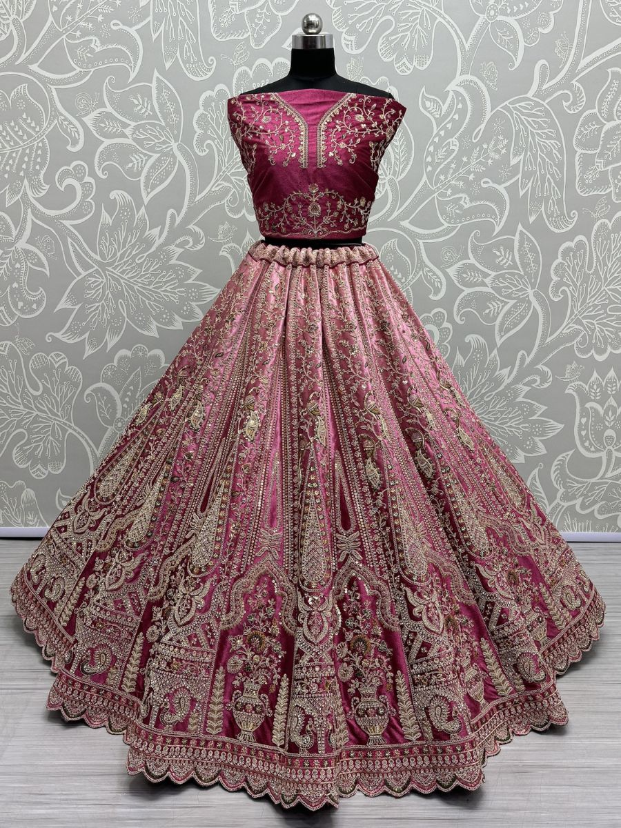 Pink and Wine Embroidered Bridal Velvet Lehenga Choli