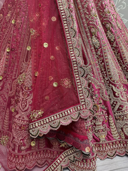 Pink and Wine Embroidered Bridal Velvet Lehenga Choli - Dupatta