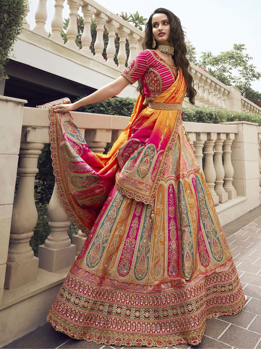 Buy Pink and Yellow Embroidered Banarasi Silk Lehenga Choli Online - AllThingsAboutWedding