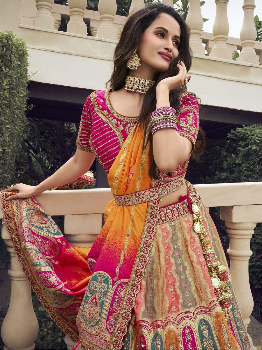 Pink and Yellow Embroidered Banarasi Silk Lehenga Choli - Dupatta with Belt