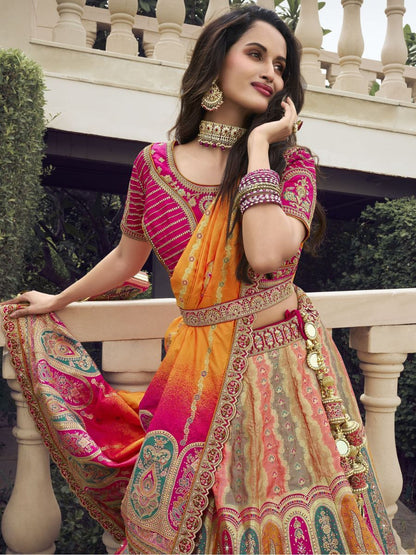 Pink and Yellow Embroidered Banarasi Silk Lehenga Choli - Dupatta with Belt