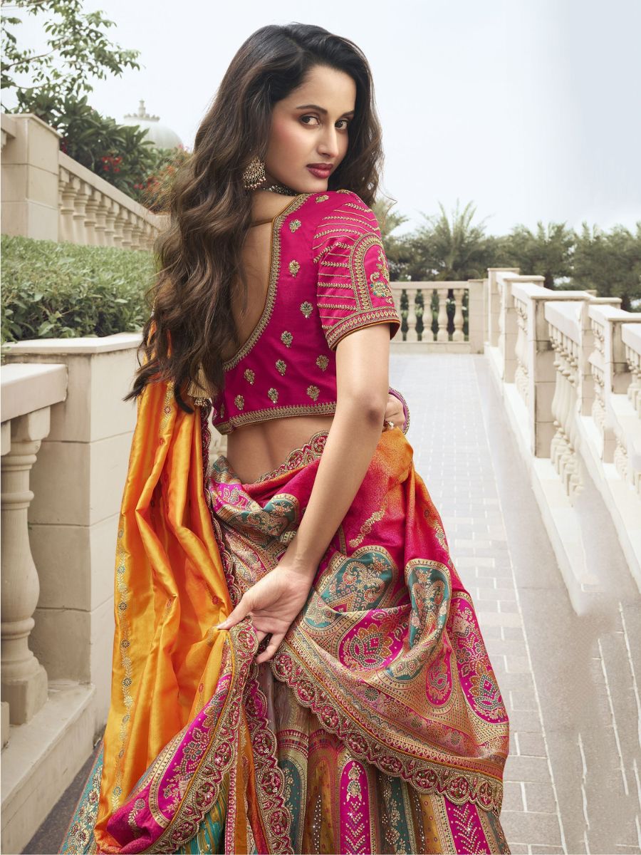 Pink and Yellow Embroidered Banarasi Silk Lehenga Choli - Blouse Back Neck Pattern