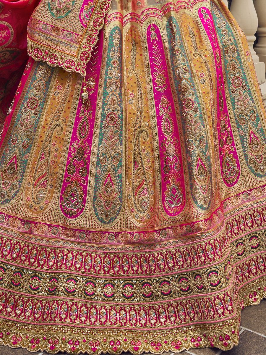 Pink and Yellow Banarasi Silk Lehenga Choli - Embroidery