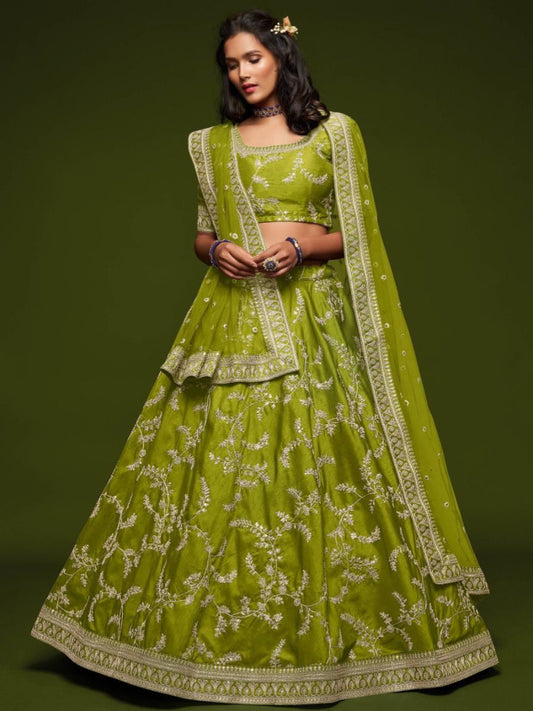 Buy Pista Neon Green Thread Work Wedding Silk Lehenga Choli Online - AllThingsAboutWedding