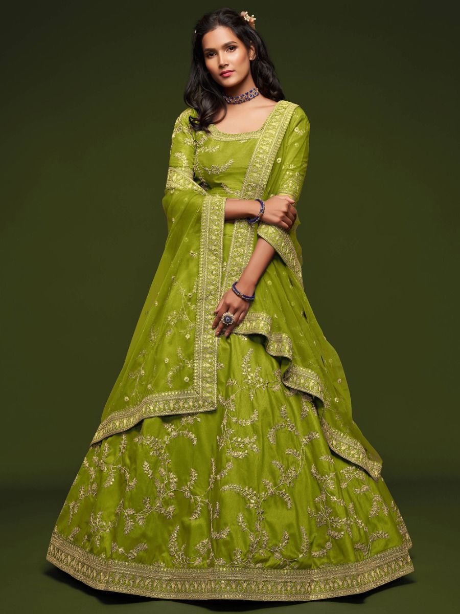 Pista Neon Green Thread Work Wedding Silk Lehenga Choli