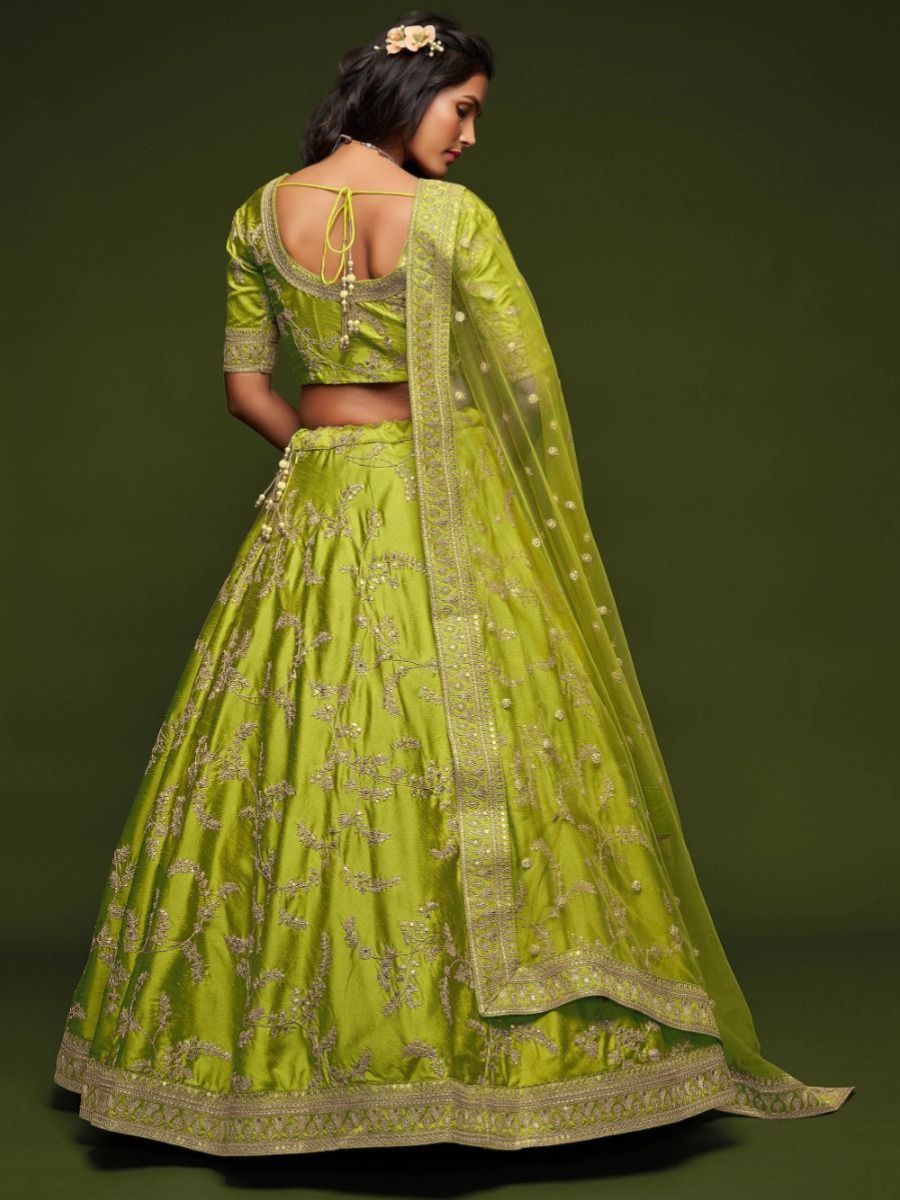 Pista Neon Green Thread Work Wedding Silk Lehenga Choli - Back Side