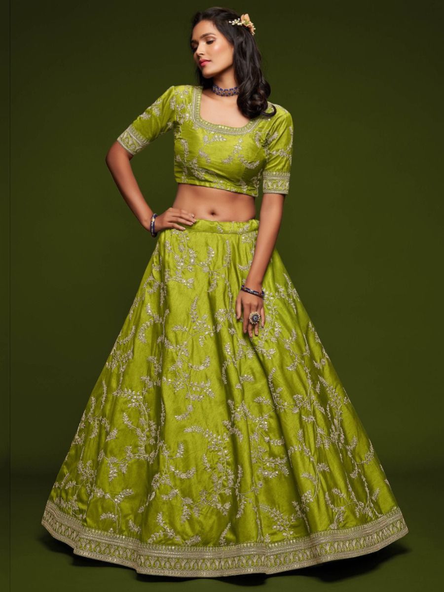 Pista Neon Green Thread Work Wedding Silk Lehenga Choli without Dupatta