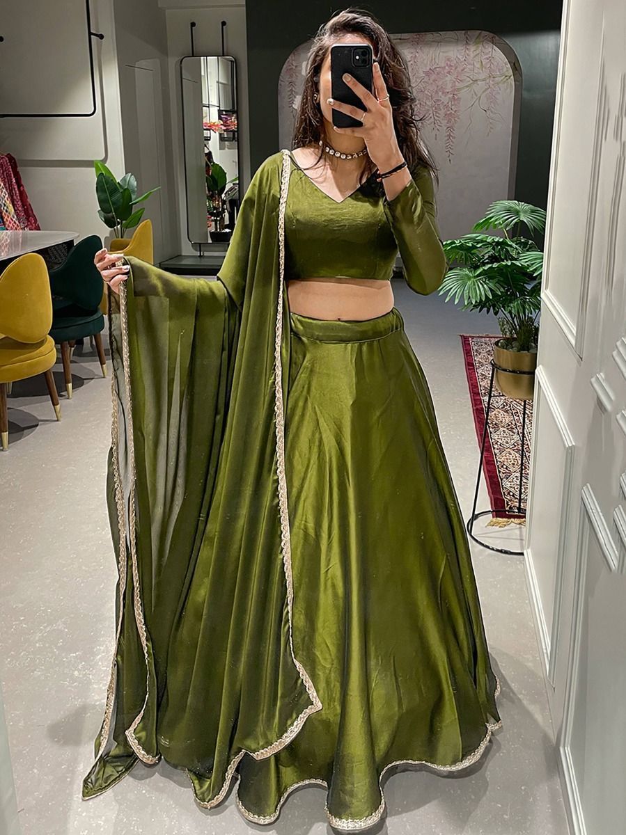 Buy Plain Mehendi Green Silk Party Wear Lehenga Choli Online - AllThingsAboutWedding