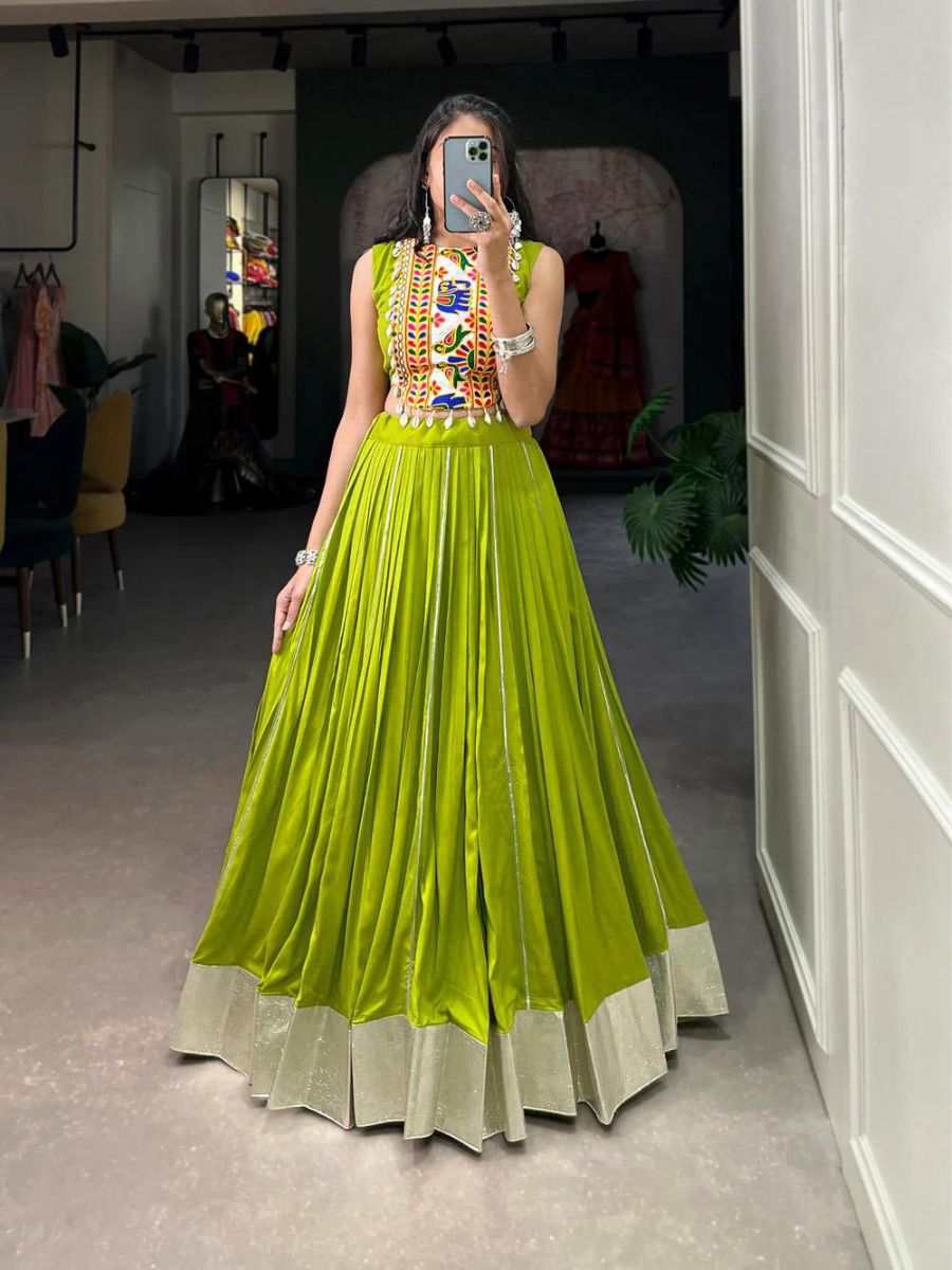 Buy Plain Parrot Green Gamthi Work Rayon Crop Top Chaniya Choli Online - AllThingsAboutWedding