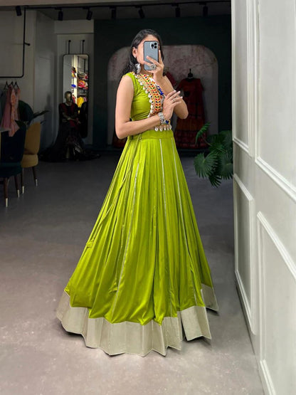 Plain Parrot Green Gamthi Work Rayon Crop Top Chaniya Choli - Flair