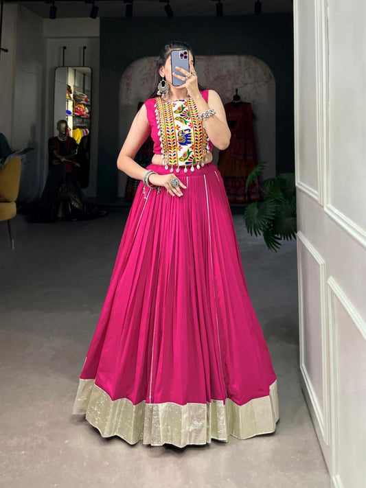 Buy Plain Pink Color Gamthi Work Rayon Crop Top Chaniya Choli Online - AllThingsAboutWedding