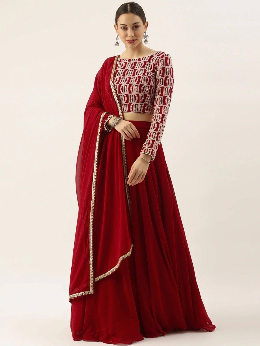 Buy Plain Red Georgette Lehenga with Designer Sequin Choli Online - AllThingsAboutWedding