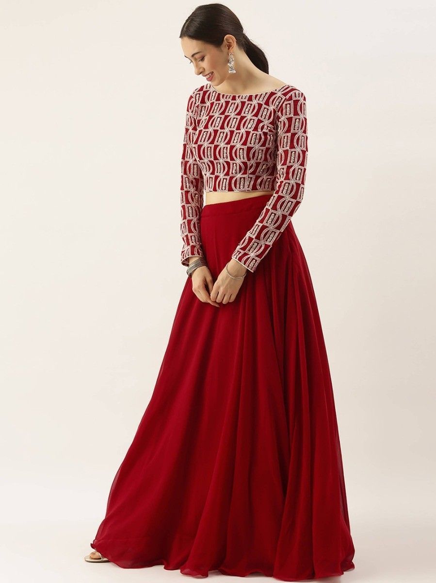 Plain Red Georgette Lehenga with Designer Sequin Choli without Dupatta