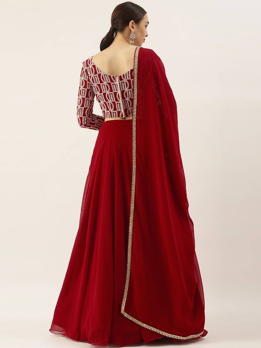 Plain Red Georgette Lehenga with Designer Sequin Choli - Back Side