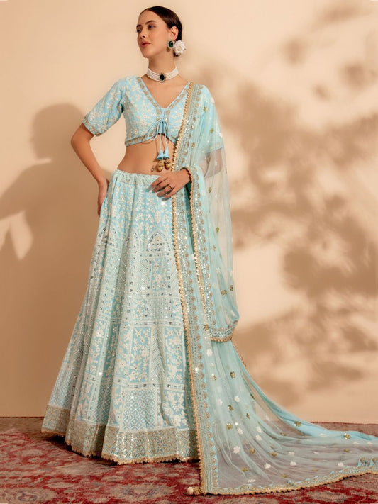 Buy Powder Blue Lakhnavi Thread Work Georgette Lehenga Choli Online - AllThingsAboutWedding