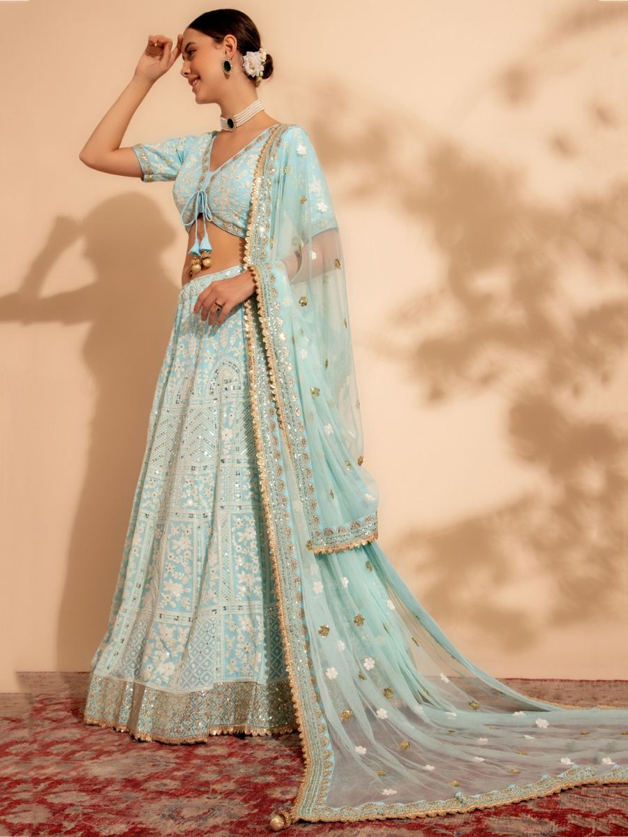 Powder Blue Lakhnavi Thread Work Georgette Lehenga Choli with Dupatta