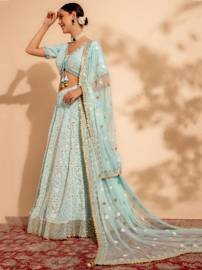 Powder Blue Lakhnavi Thread Work Georgette Lehenga Choli with Dupatta