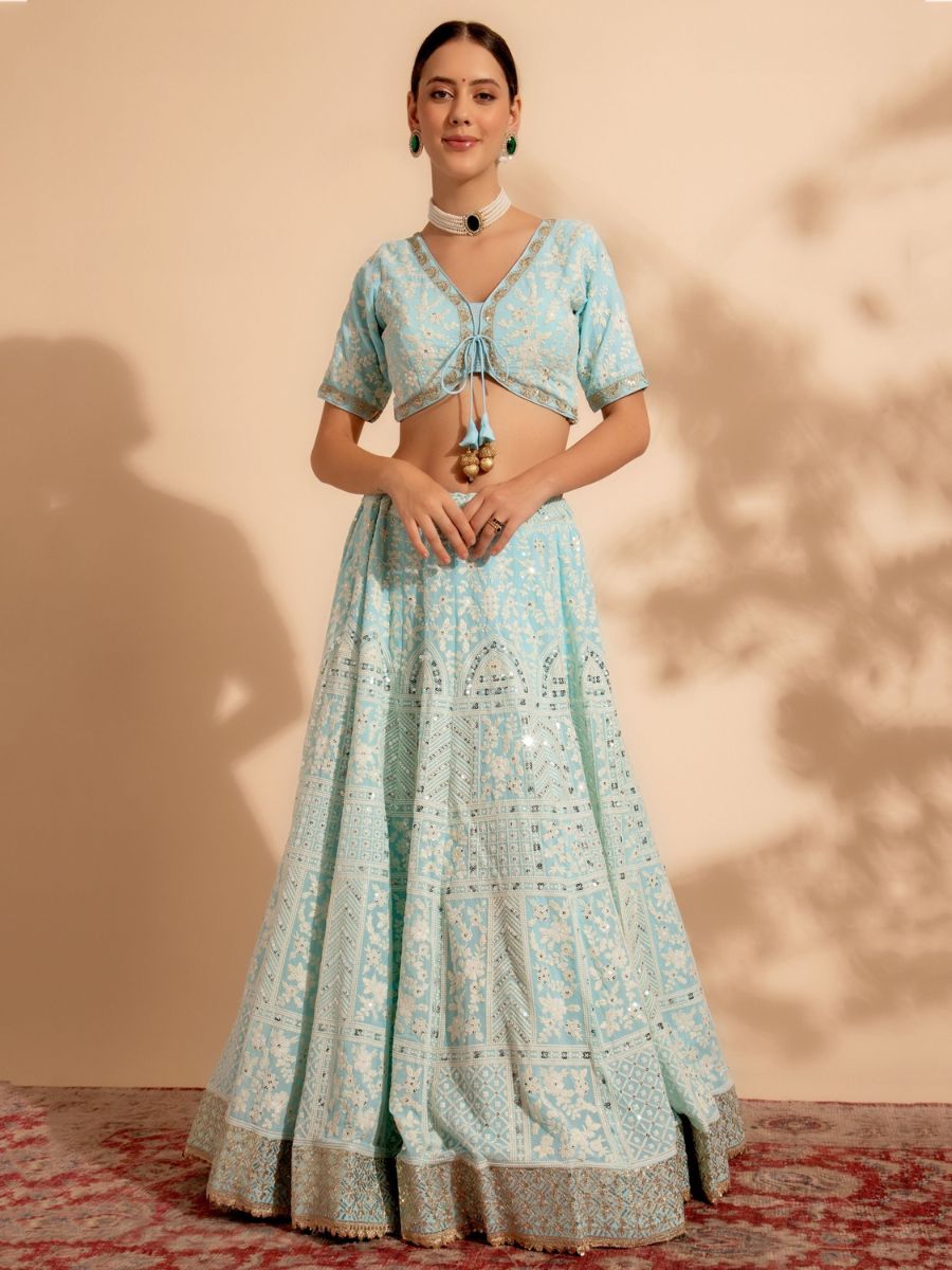 Powder Blue Lakhnavi Thread Work Georgette Lehenga Choli without Dupatta