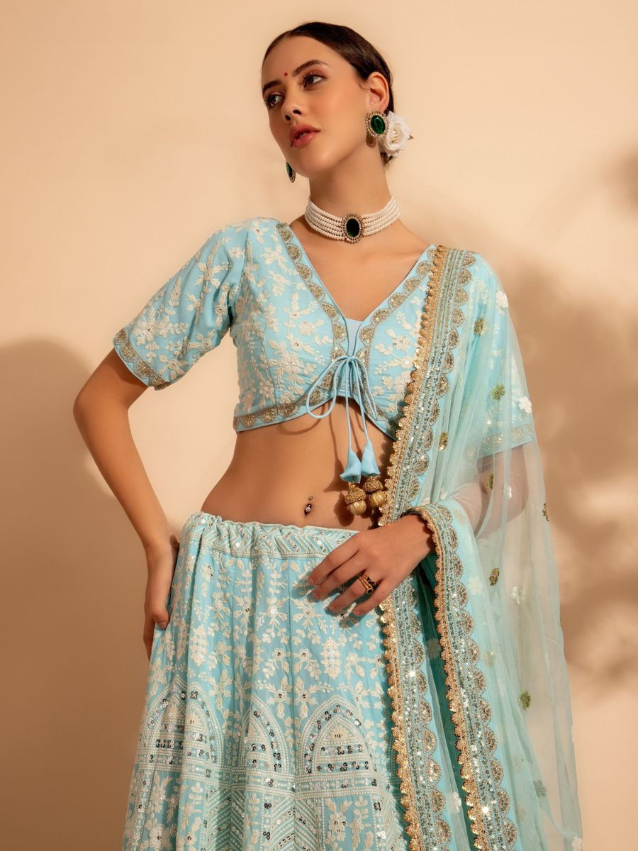 Powder Blue Lakhnavi Thread Work Georgette Lehenga -  Blouse Front Neck Design